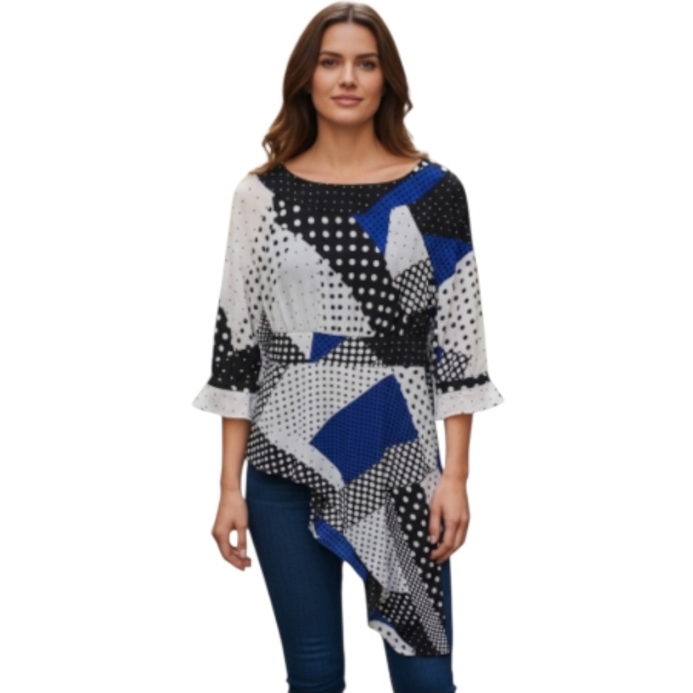 NY & Co NWT Asymetical Blouse Size XS Blue/Cream/Black 3/4 Sleeve